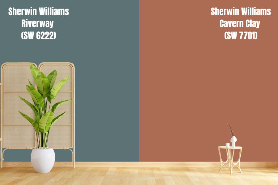 SW Riverway (SW 6222) vs Sherwin Williams Cavern Clay (SW 7701)