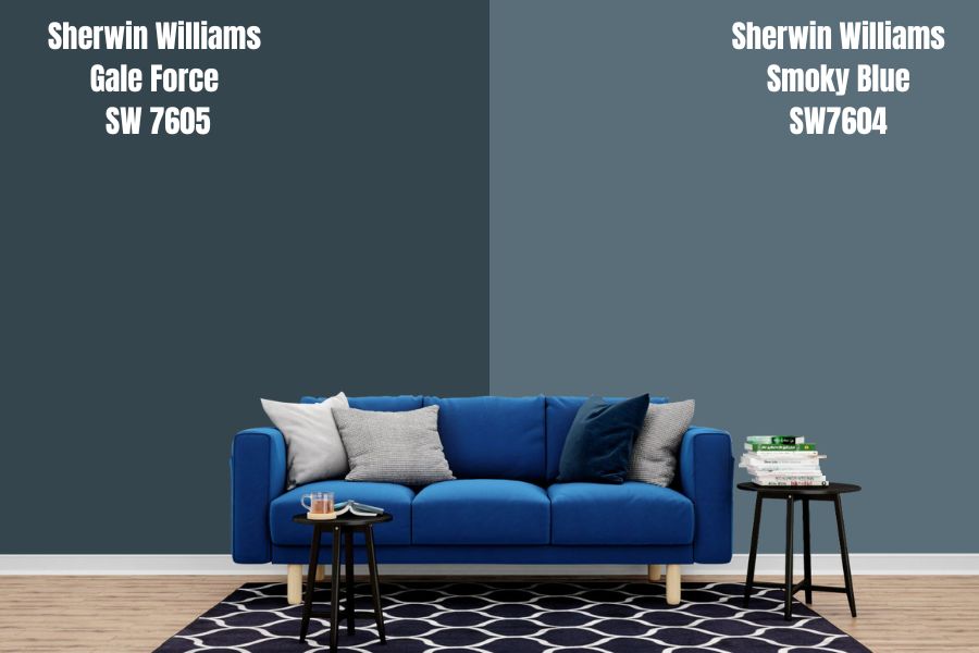 Sherwin-Williams Gale Force SW 7605 VS Smoky Blue (SW7604)