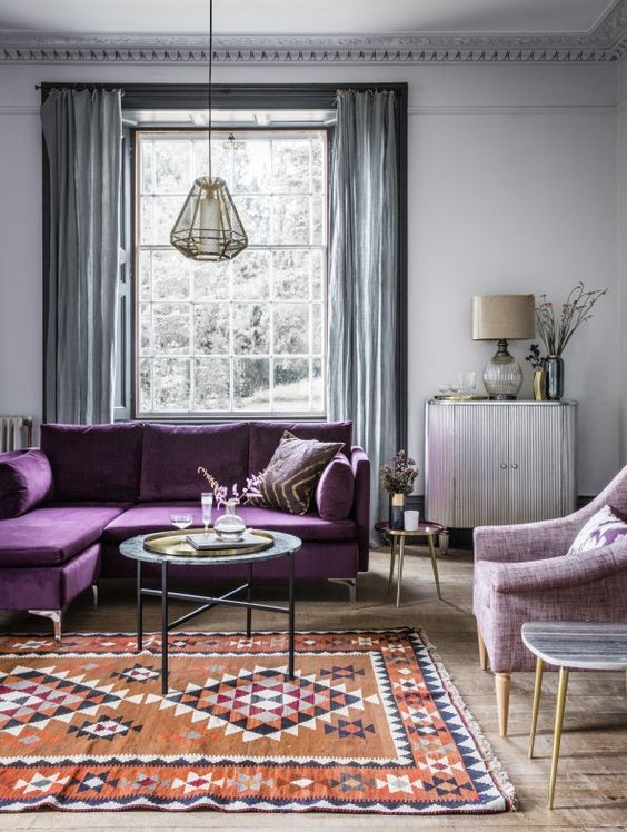 Purple Sofa Idea 33 L-Shaped with Accent Chair, Round Coffee Table