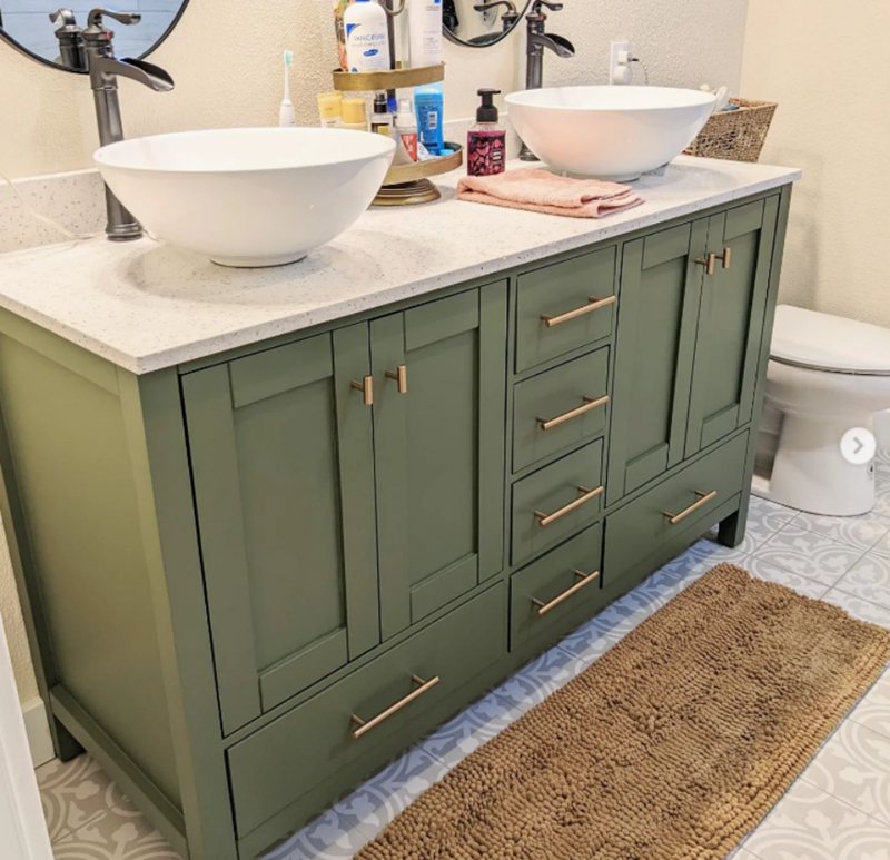 Bathroom Cabinets Painted Rosemary with BrassGold Accessories