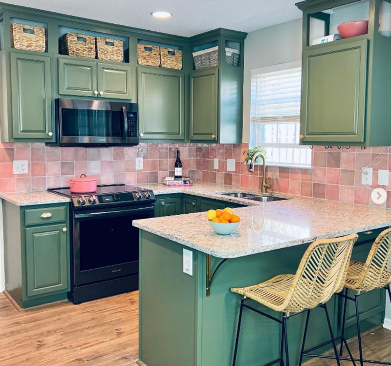 Kitchen Island and Cabinets Painted Rosemary 