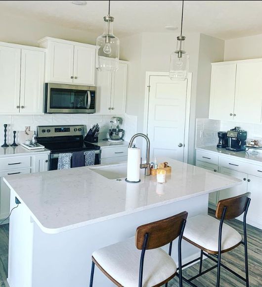 A modern, minimalistic kitchen with Sherwin Williams Big Chill walls