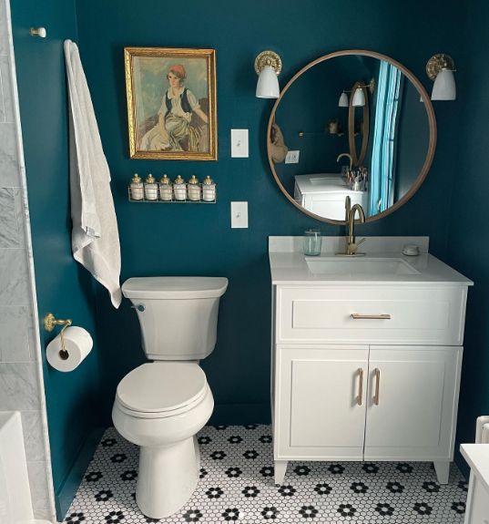 (Experience a cool bath in this bathroom with Behr Ocean Abyss)