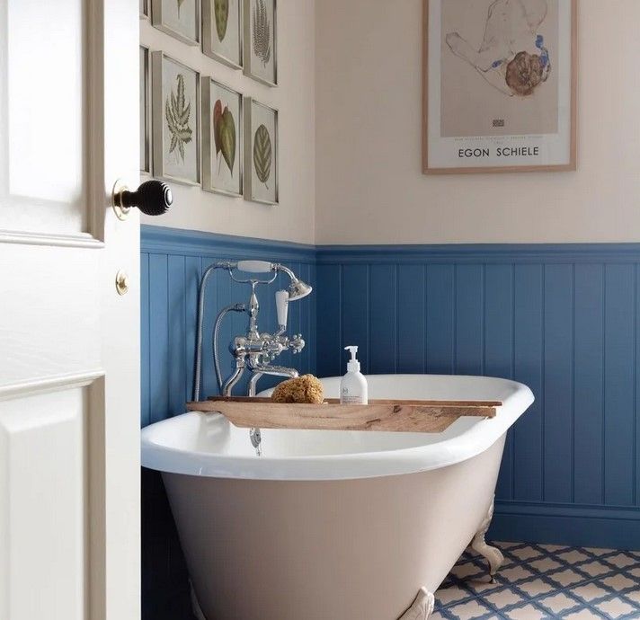 Farrow & Ball Cook’s Blue on interior walls and paired with greige in a bathroom. (2)
