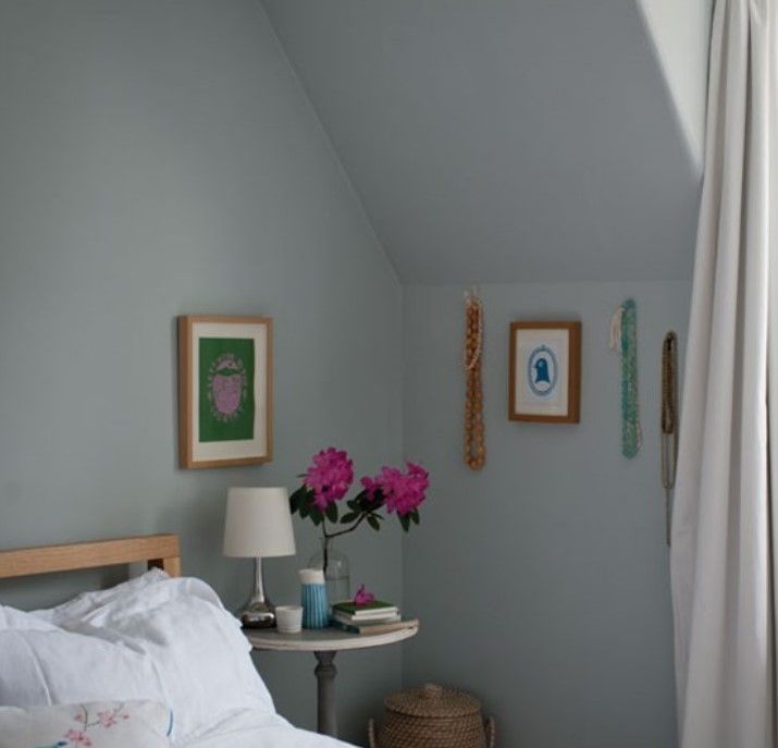 Farrow & Ball Light Blue on walls in a bedroom and corridor.