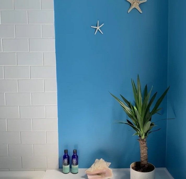 Farrow & Ball St. Giles Blue on walls in a bathroom and workspace.