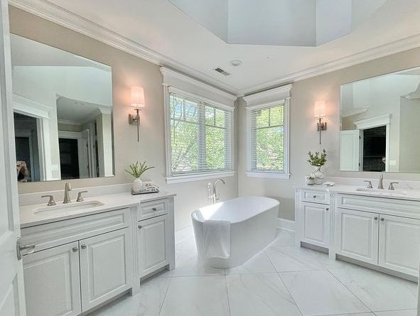 Sherwin Williams Modern Gray shows off a wink of pink in this bathroom