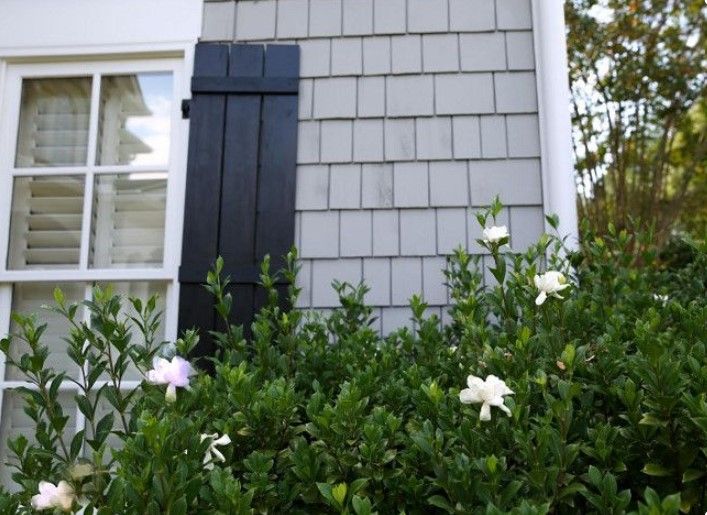 Sherwin Williams Tricorn Black (shutter) pairs nicely with SW Dorian Gray (walls)
