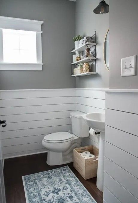 Valspar Hazy Stratus paired with white on bathroom walls